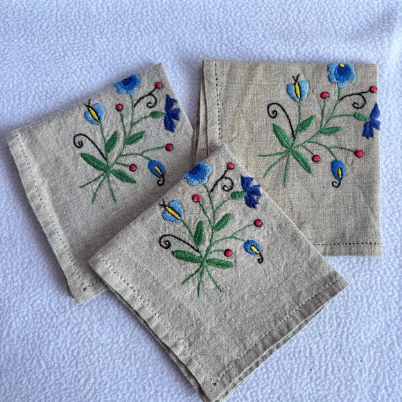 Set of 3 Linen Hand Embroidered Napkins Kaszubian Kaszuby Made in Poland - Picture 1 of 7